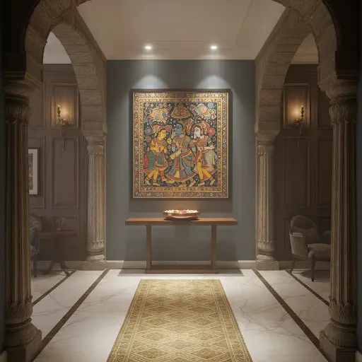 Indian artisan homeware arranged in a heritage foyer